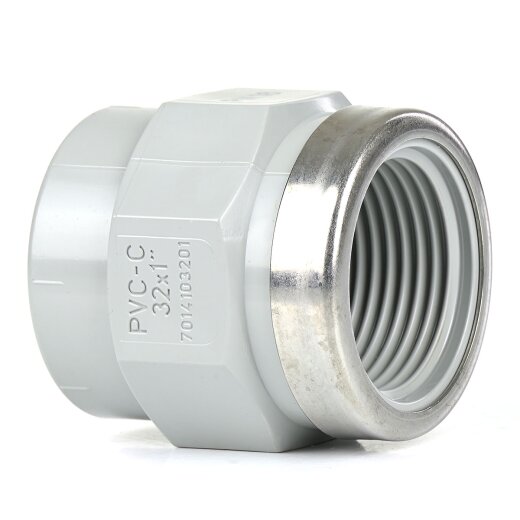 PVC-C Gewindemuffe 1x Klebemuffe, 1x Innengewinde (verstärkt) 25 mm x 3/4" (26,44 mm)